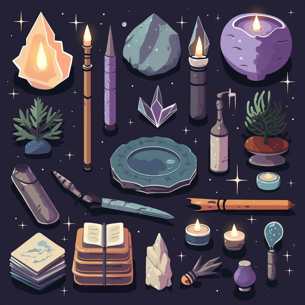 A collection of ritual tools including crystals, candles, and a journal