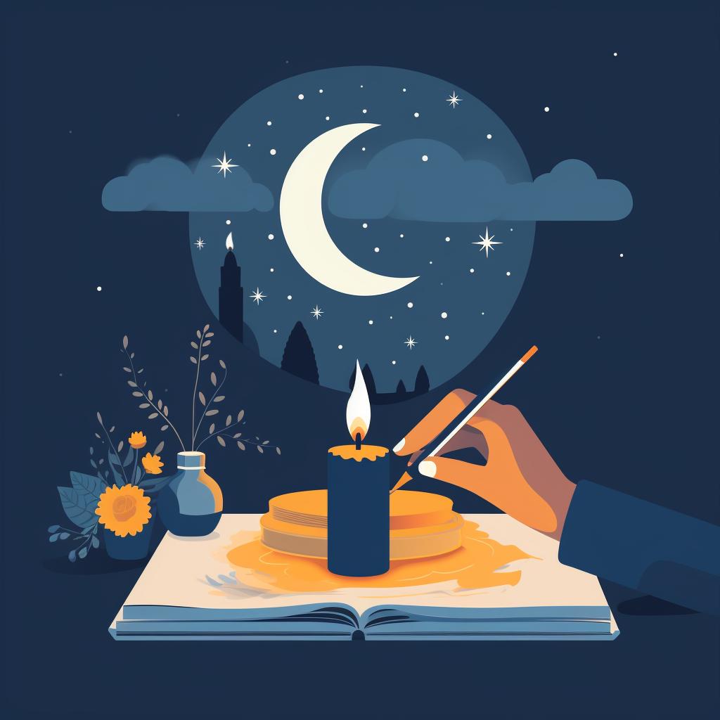 A person closing their moon ritual, extinguishing candles and closing a journal